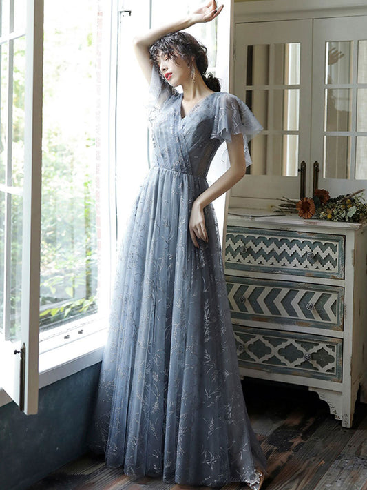 Blue V-Neck Tulle Long Prom Dress Blue Lace Evening Dress