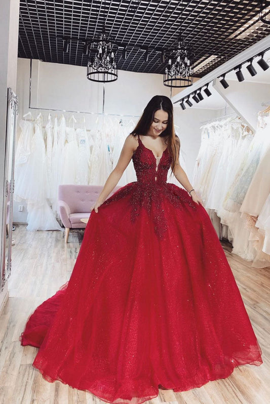 Burgundy V-Neck Tulle Lace Long Prom Dress Burgundy Tulle Formal Dress