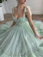 Green Sweetheart Neck Tulle Tea Length Prom Dress Green Bridesmaid Dress