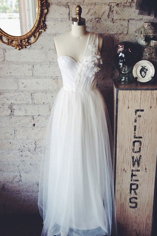 White Tulle One-Shoulder Long Prom Dress White Formal Dress