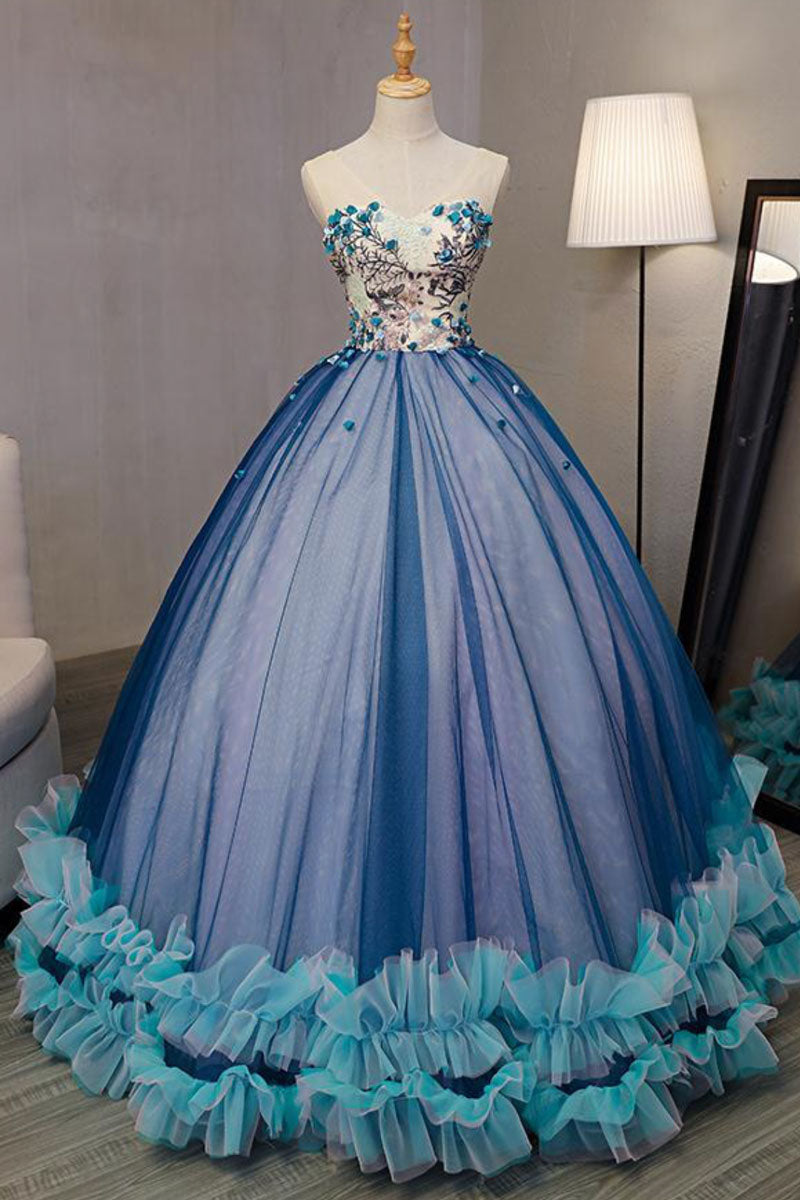 Unique V-Neck Tulle Long Prom Gown Sweet 16 Dress