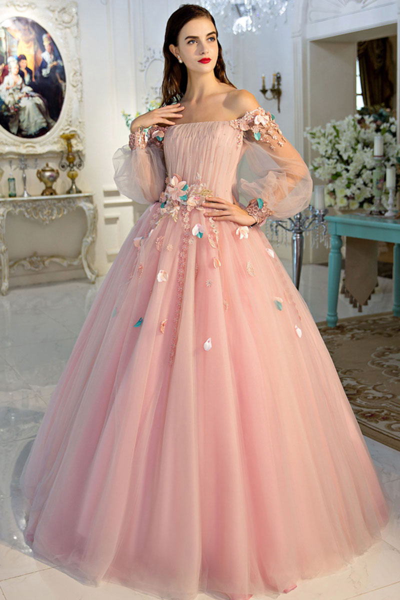 Pink Off-Shoulder Tulle Long Prom Dress Sweet 16 Dress