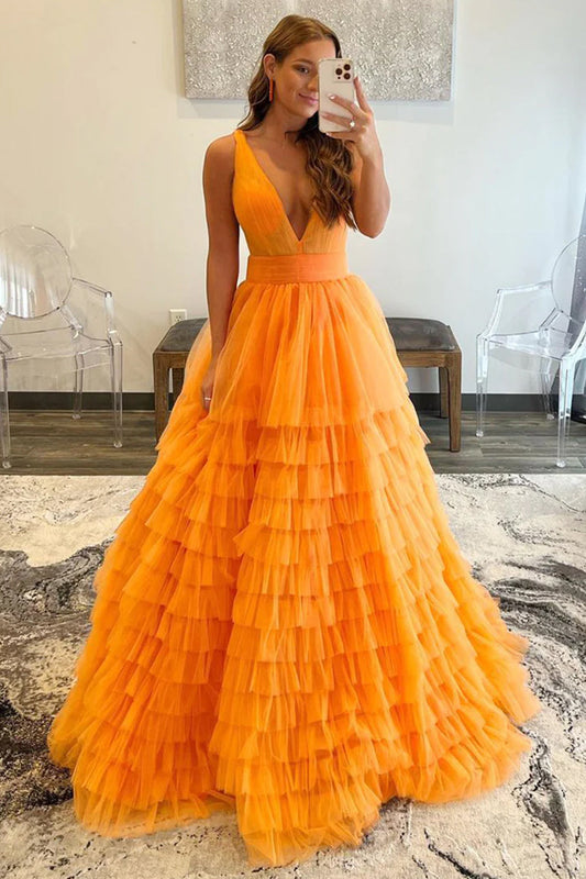 Reese Dressystars A-line Orange Sexy V-Neck Tulle Material Long Prom Dress