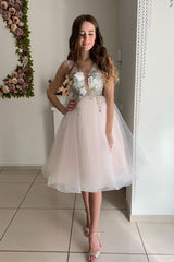 Light Pink Tulle Lace Short Prom Dress Pink Cocktail Dress