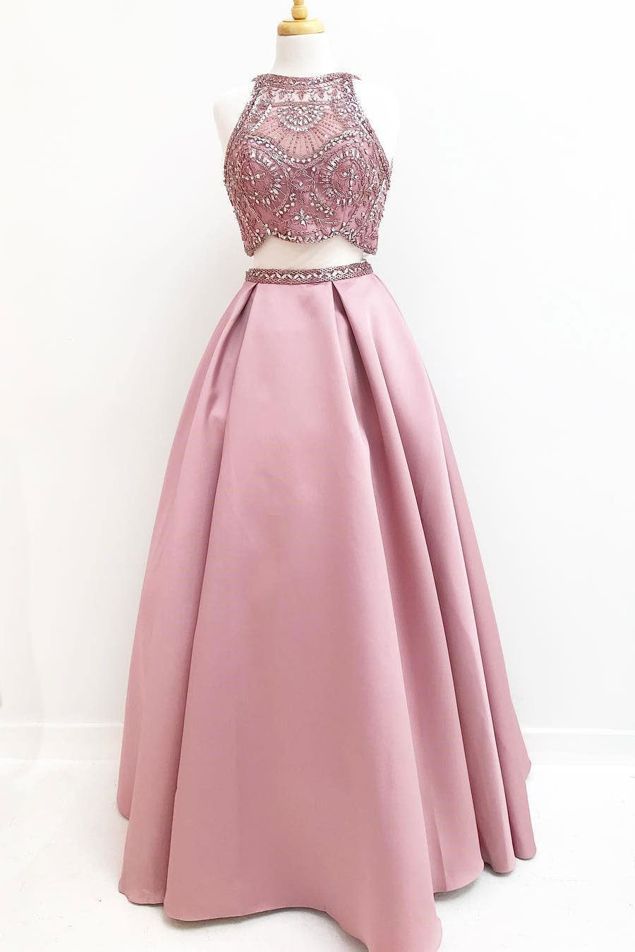 Pink Two-Piece Beaded Satin Long Prom Dress Pink Evening Dress