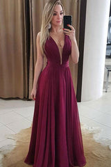 Simple V-Neck Chiffon Burgundy Long Prom Dress Burgundy Evening Dress