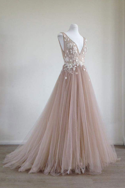 Unique Champagne Tulle Lace Appliqu¨¦ Long Prom Dress Champagne Evening Dress