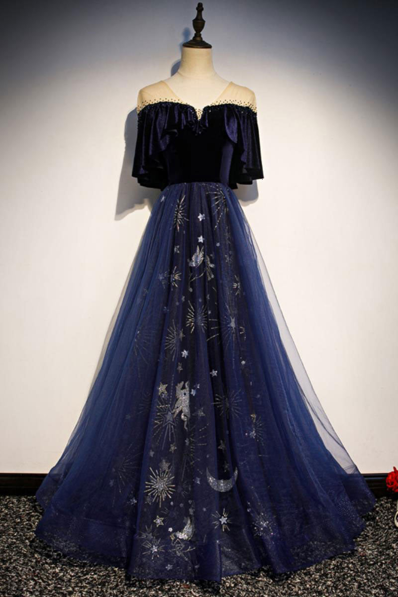 Blue Tulle Lace Long Prom Dress Blue Tulle Evening Dress