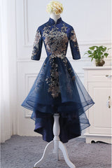 Dark Blue Lace Appliqu¨¦ Short Prom Dress Blue Evening Dress