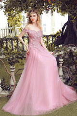 Pink Off-Shoulder Lace Tulle Long Prom Dress Pink Bridesmaid Dress