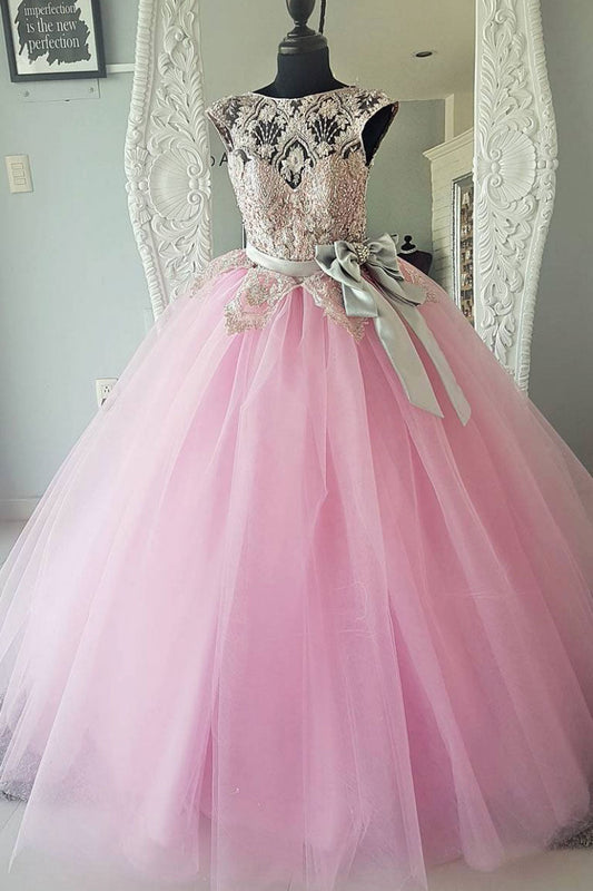 Pink Round Neck Tulle Lace Beads Long Prom Dress Pink Evening Gown