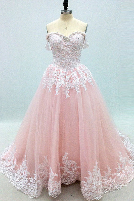 Pink Sweetheart Neck Tulle Lace Long Prom Dress Pink Tulle Evening Dress