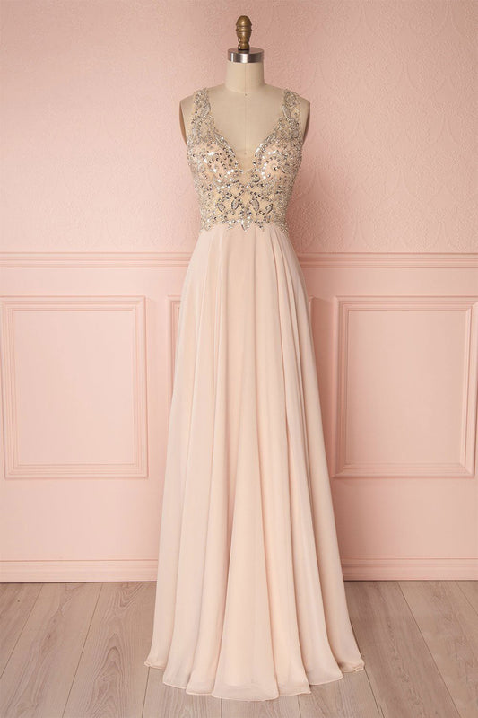 Pink V-Neck Beads Sequin Long Prom Dress Pink Evening Dress