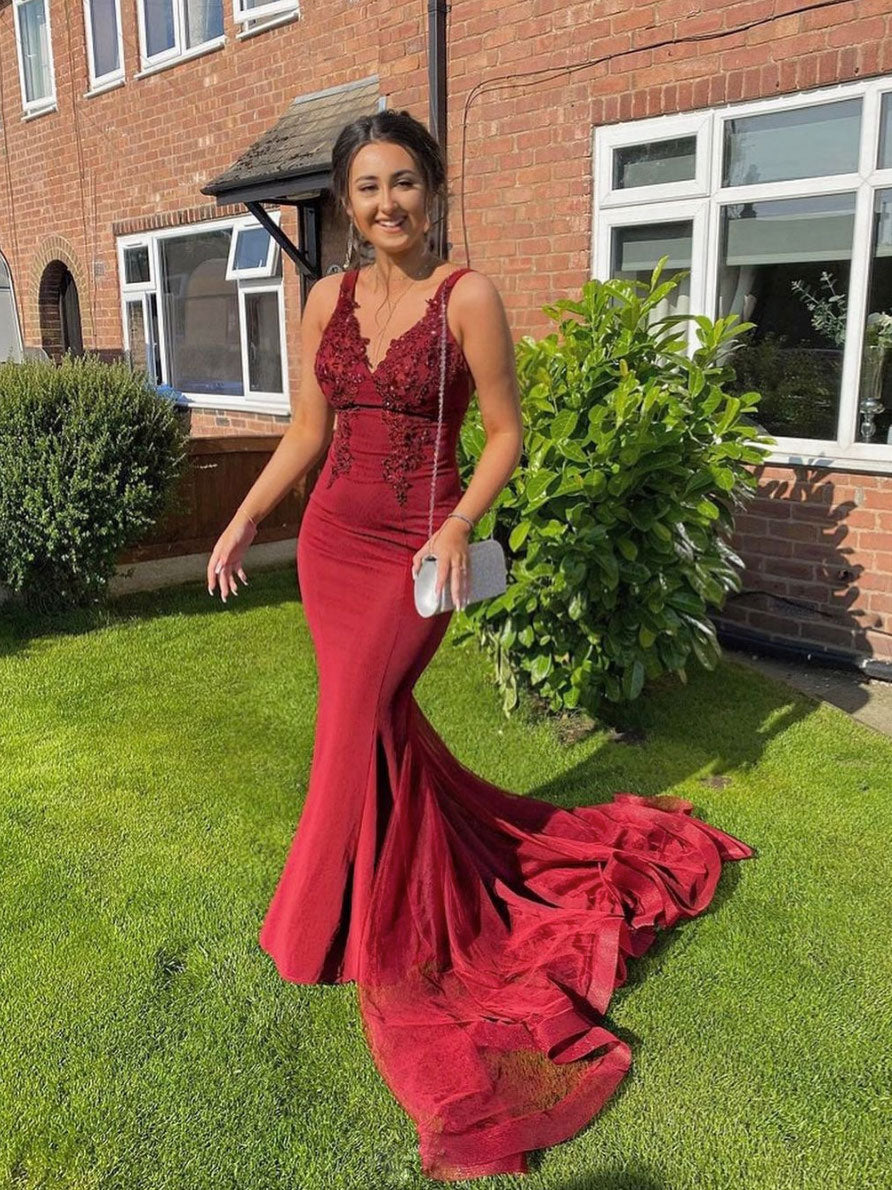 Burgundy V-Neck Lace Mermaid Long Prom Dress Burgundy Evening Dress