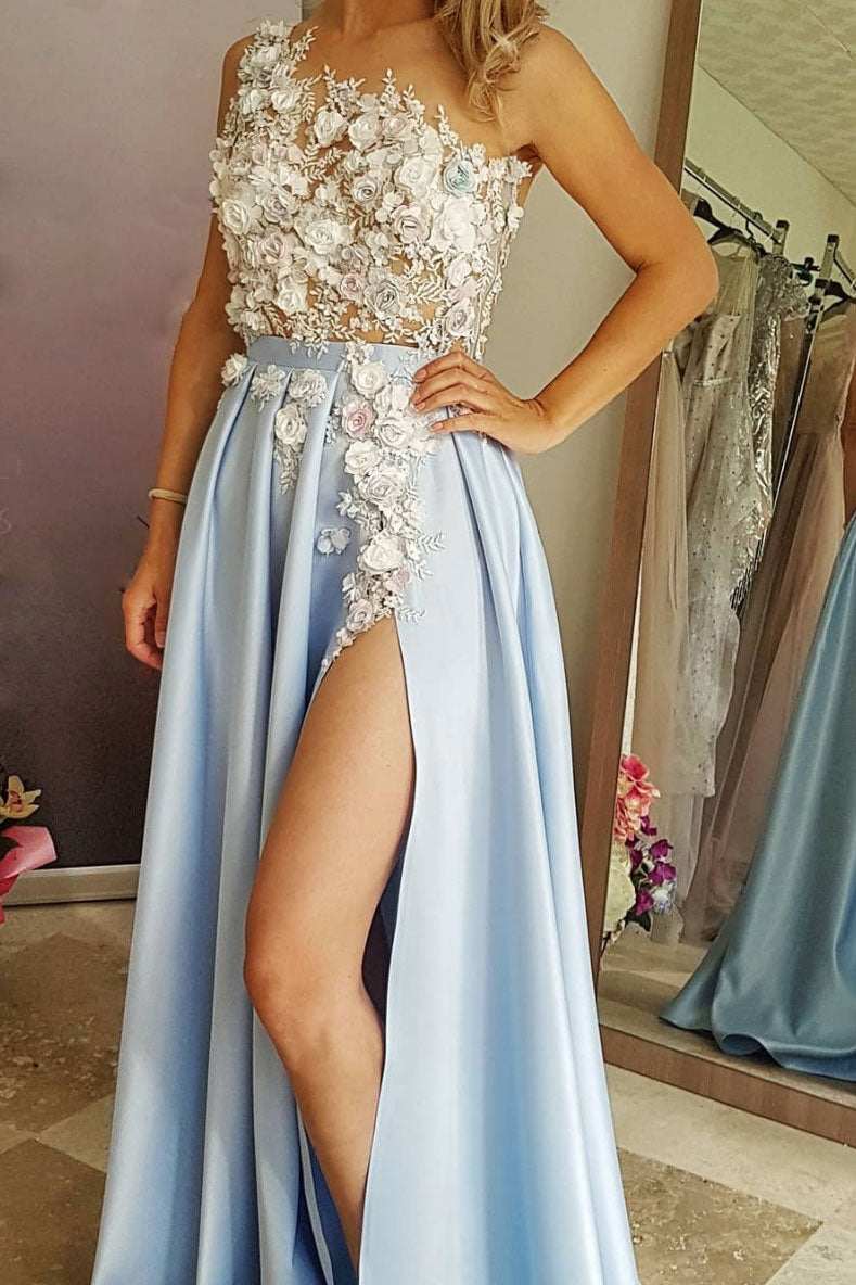 Blue Lace Satin Long Prom Dress Blue Evening Dress