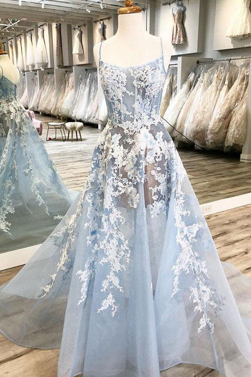 Blue Tulle Lace Long Prom Dress Blue Tulle Lace Evening Dress