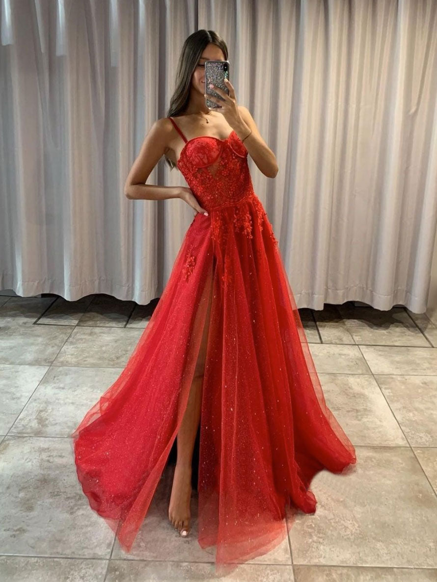 Red Sweetheart Tulle Lace Long Prom Dress Red Tulle Long Evening Dress