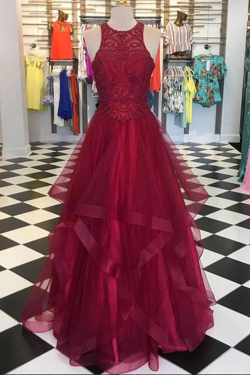 Burgundy Round Neck Tulle Long Prom Dress Burgundy Evening Dress