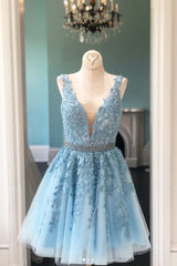 Blue V-Neck Lace Tulle Short Prom Dress Blue Homecoming Dress