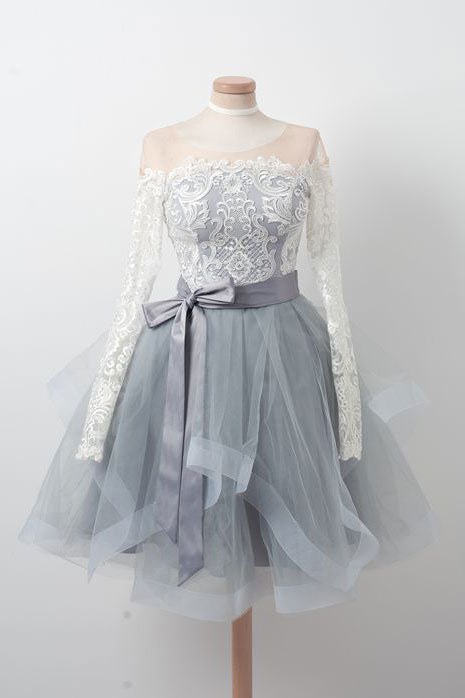 Gray Round Neck Tulle Lace Short Prom Dress Gray Homecoming Dress