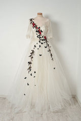 White V-Neck Tulle Lace Long Prom Dress White Evening Dress