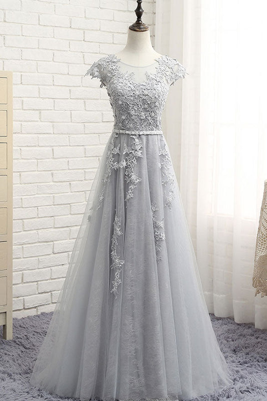 Gray Round Neck Lace Applique Long Prom Dress Gray Evening Gown