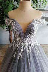 Gray Tulle Lace Long Prom Dress Gray Tulle Lace Formal Dress