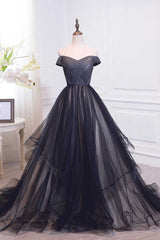 Black Off-Shoulder Tulle Long Prom Dress Black Evening Dress