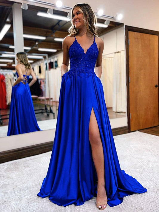 Blue Satin V-Neck Lace Long Prom Dress Blue Evening Gown