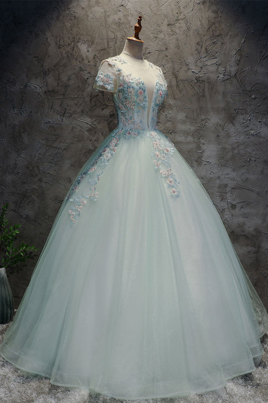 Unique Light Green Tulle Lace Long Prom Dress Sweet 16 Dress