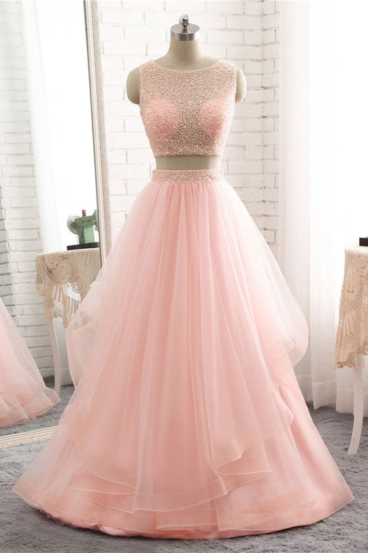 Pink Two-Piece Beaded Tulle Long Prom Dress Pink Evening Dress