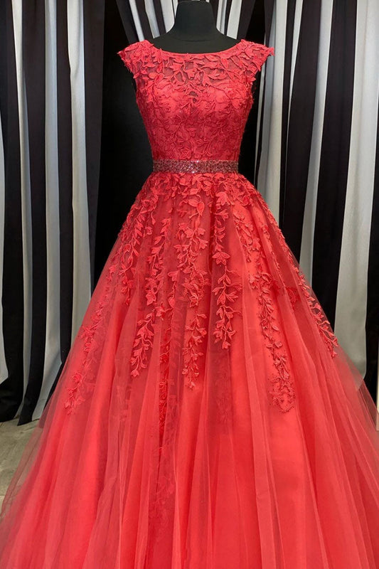 Red Round Neck Tulle Lace Long Prom Dress Red Evening Gown