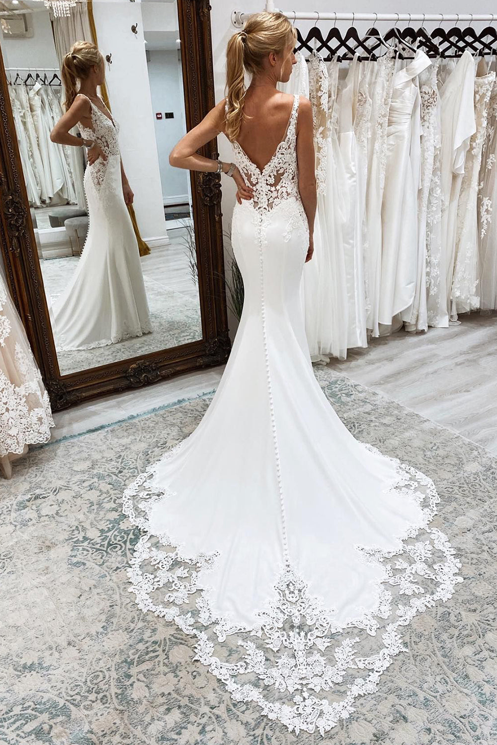 Beautiful Mermaid White Deep V-Neck Long Wedding Dress with Lace