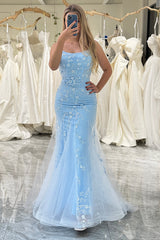 Blue Mermaid Spaghetti Straps Appliqued Long Prom Dress