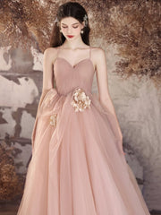 A-Line V-Neck Tulle Flower Pink Long Prom Dress Pink Long Evening Gown