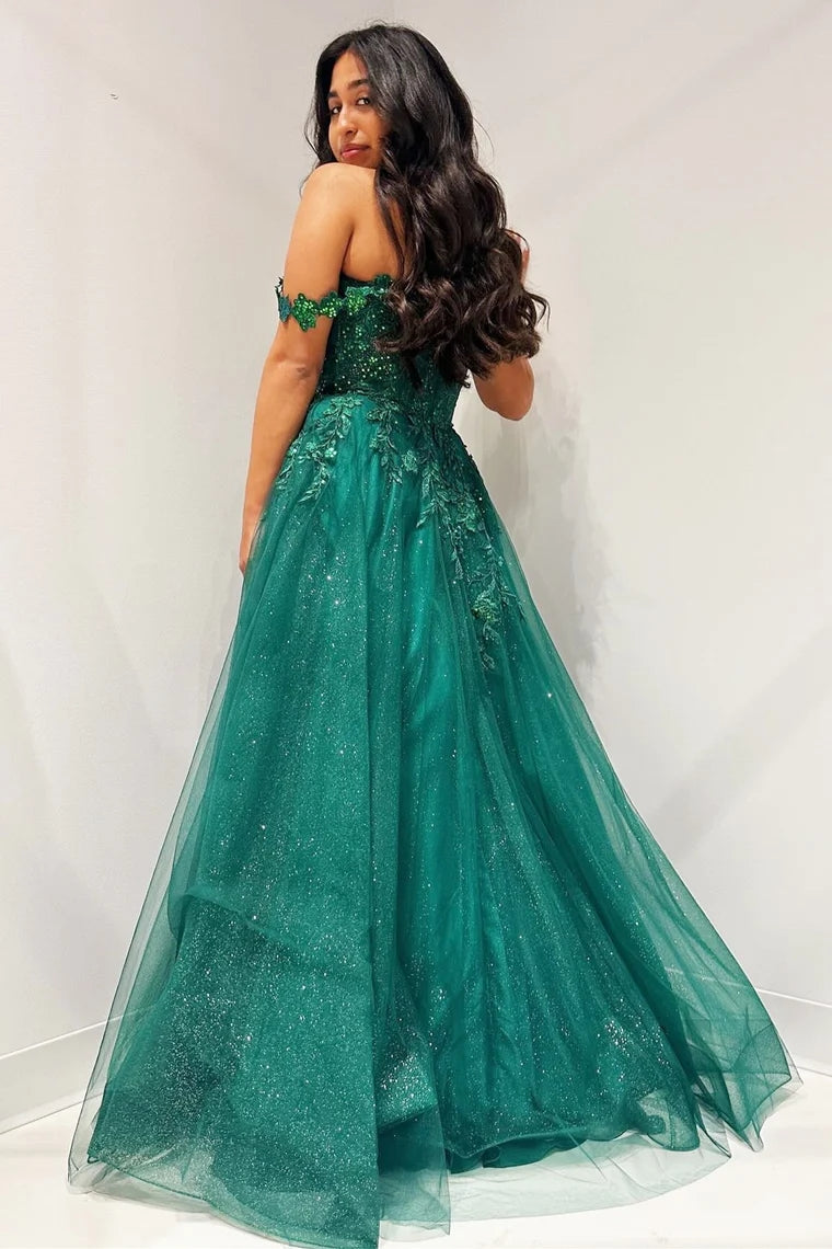 Elliana Dressystars  Glitter Emerald Delicate Appliques Off-the-shoulder A-Line Long Prom Dress