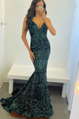 Dark Green Sequins Backless Mermaid Prom Dress