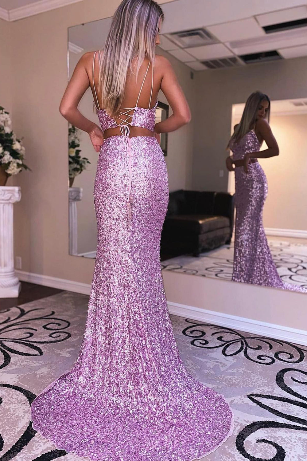 Two Piece Orange Sequins Mermaid Prom Dress with Slit