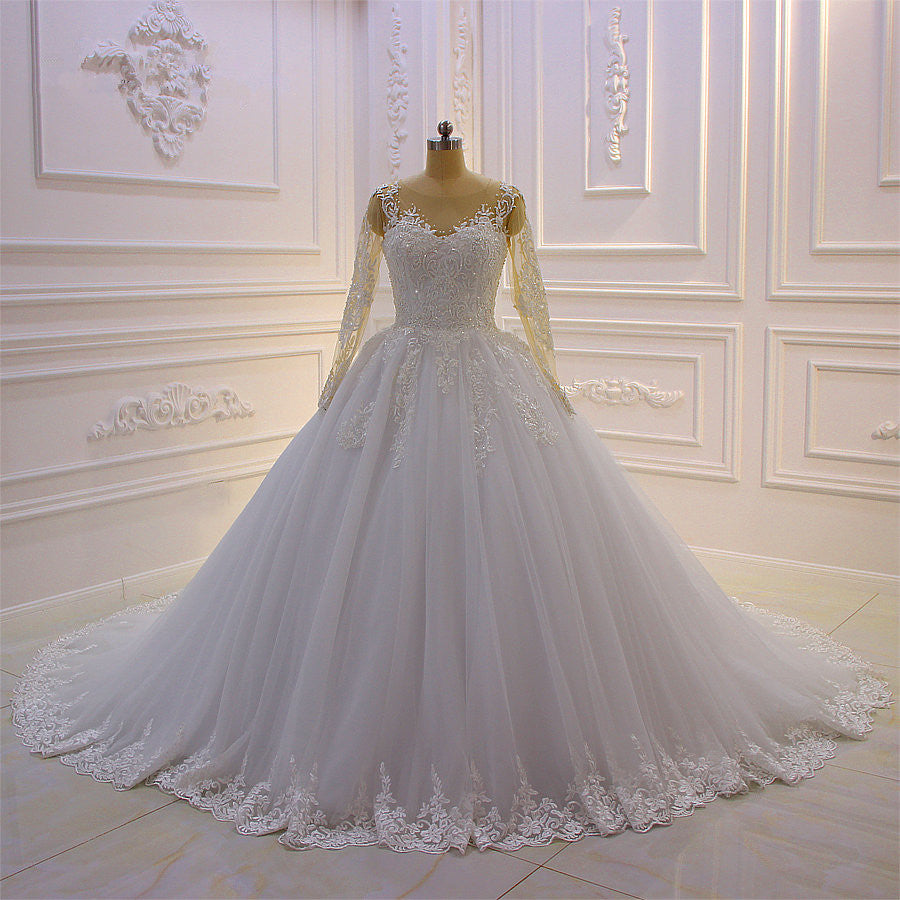 Bateau Long Sleeve Lace A-Line Wedding Dress with Pearls and Tulle Appliques