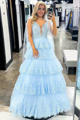 Sparkly Blue Tiered Lace A-Line Corset Long Prom Dress