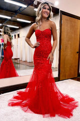 Coral Sweetheart Lace-Up Long Mermaid Prom Dress with Appliques