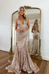 Sparkly Champagne Deep V Neck Sequin Mermaid Prom Dress