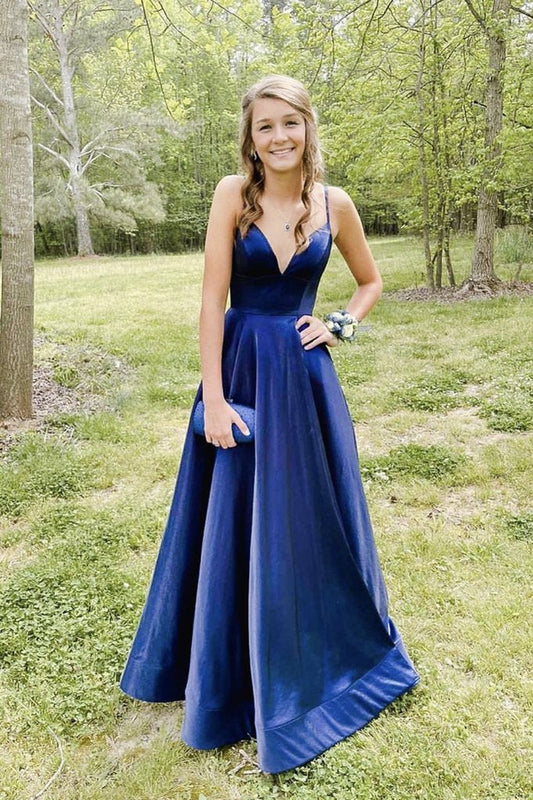 Simple Blue V-Neck Satin Long Prom Dress Blue Formal Dress