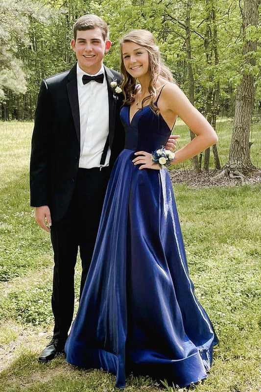 Simple Blue V-Neck Satin Long Prom Dress Blue Formal Dress