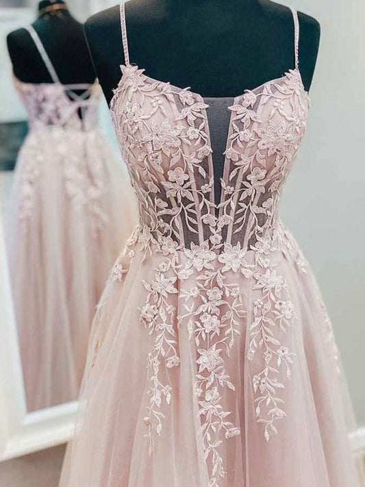 Pink Tulle Lace Long Prom Dress Tulle Lace Evening Dress