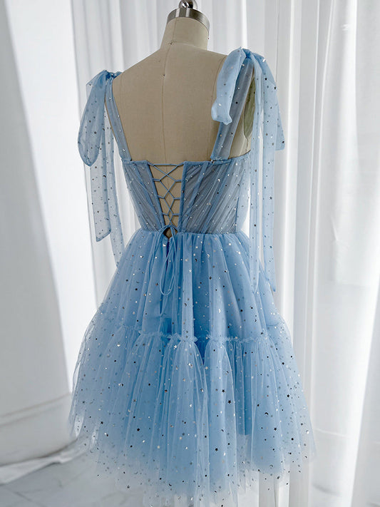 A-Line Sweetheart Neck Tulle Blue Short Prom Dress Blue Homecoming Dress