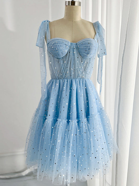 A-Line Sweetheart Neck Tulle Blue Short Prom Dress Blue Homecoming Dress