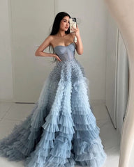 Kaia Dressystars A Line Chic Sweetheart Collar Tiered Ruffled Tulle Material Long Prom Dress