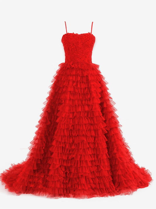 Jordan Dressystars  Red A-Line Tiered Sequin Material  Tulle Material Long Prom Dress