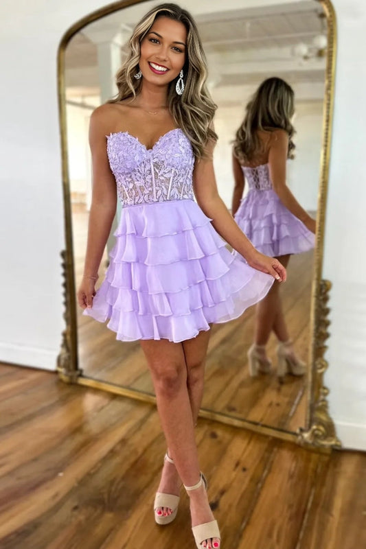 a line strapless bandeau version hierarchical sexy corset short homecoming dress with delicate appliques